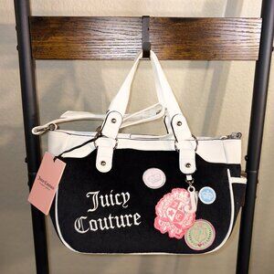 Juicy Couture Juicy Girls Rule Shoulder Bag Black Velour Embroidered Logo Patch